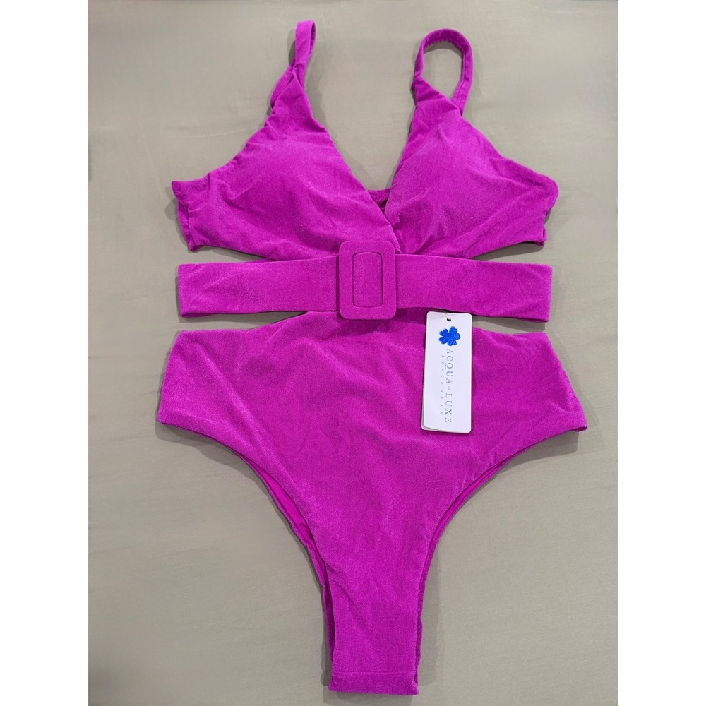 Acqua De Luxe One Piece Swimsuit Cutout Large Magenta Pink Belted Shimmer Adjust - Picture 2 of 7